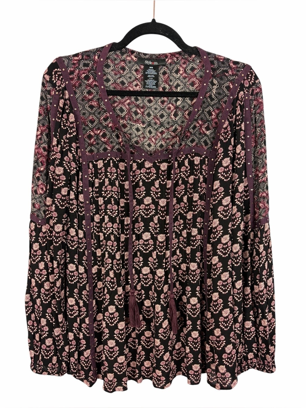 Style & Co Boho Floral Peasant Blouse Tassel Tie Long Sleeve Top Burgundy Black